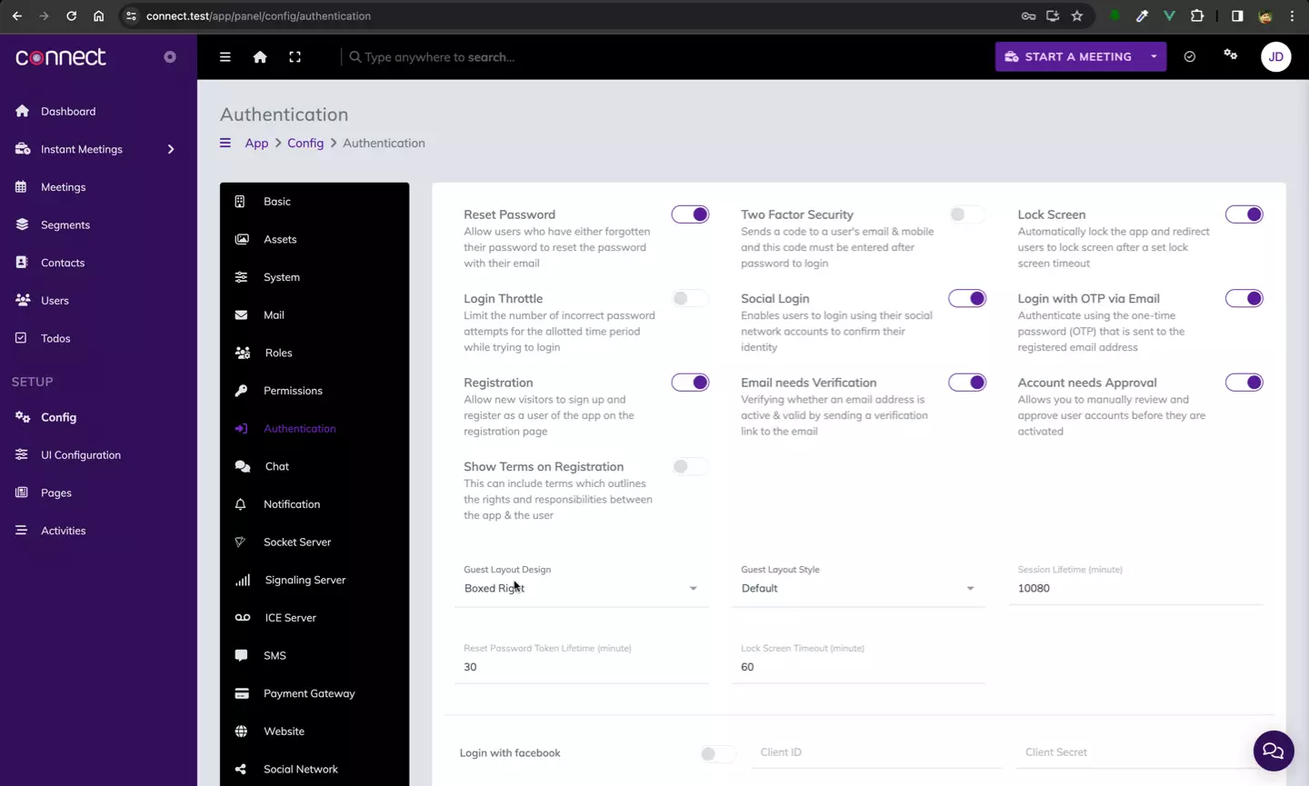 Connect Configuration - Authentication - Registration, Login, Lock Screen, Social Login