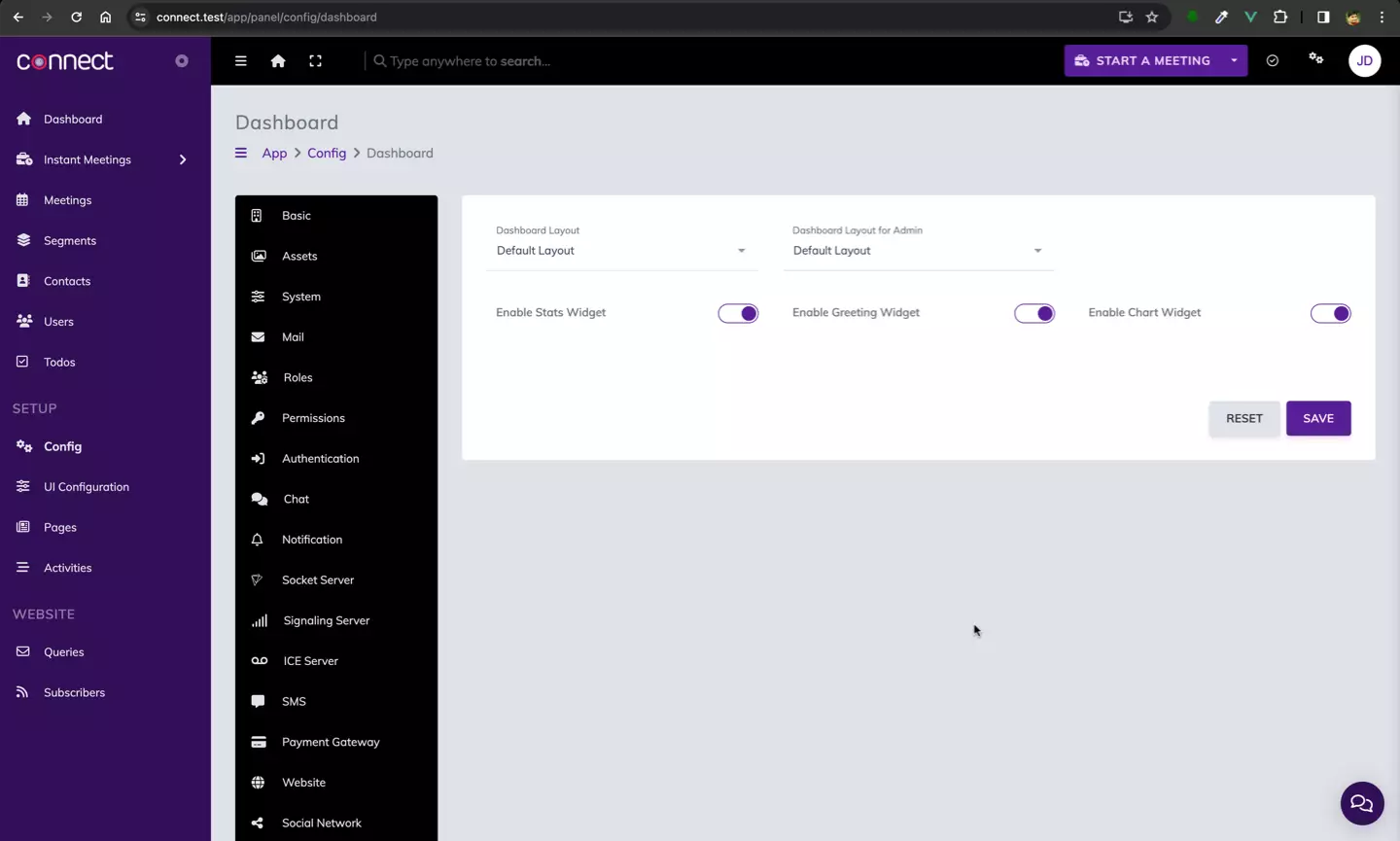 Connect Configuration - Dashboard Layout & Widgets