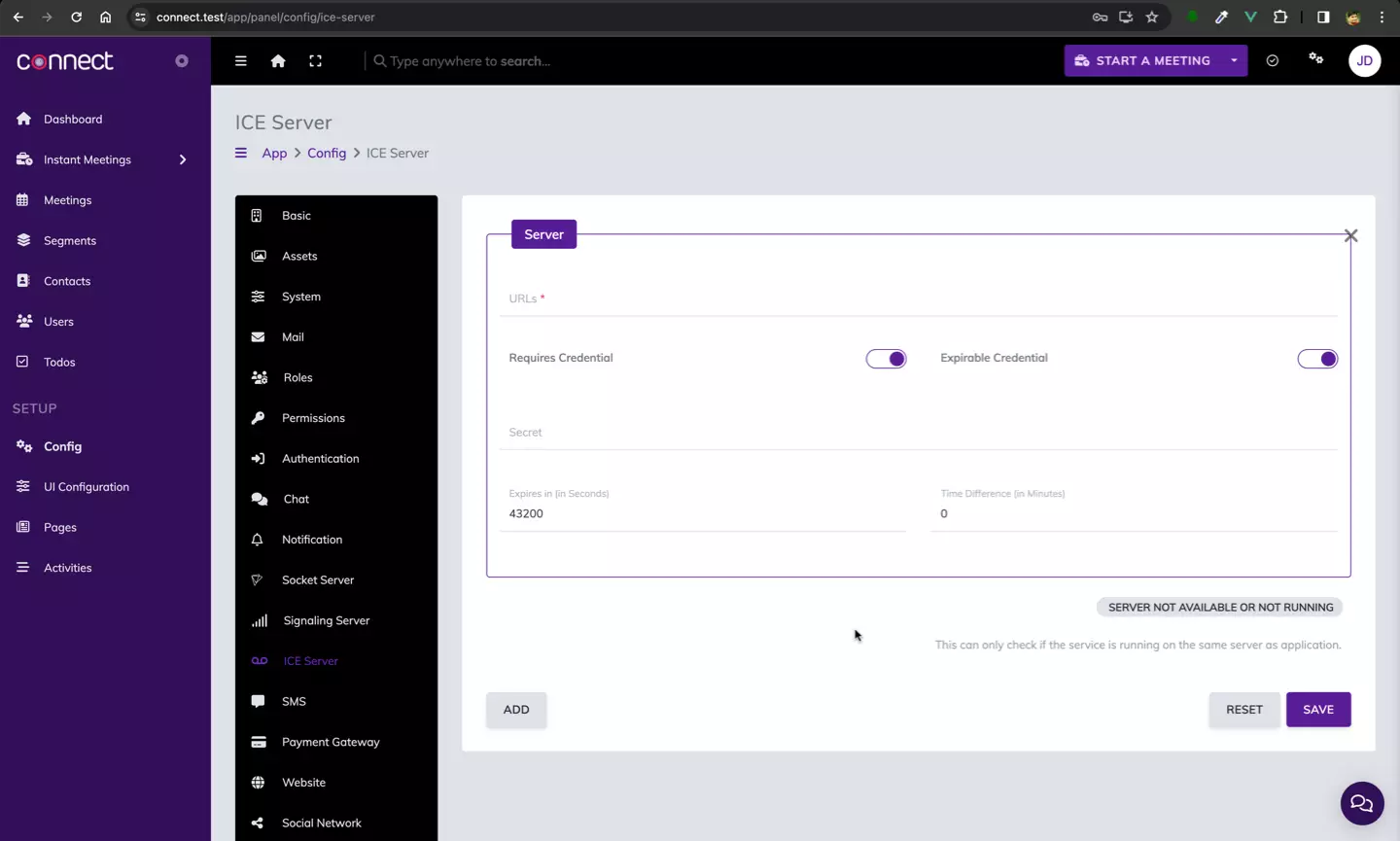 Connect Configuration - ICE (TURN/STUN) Server