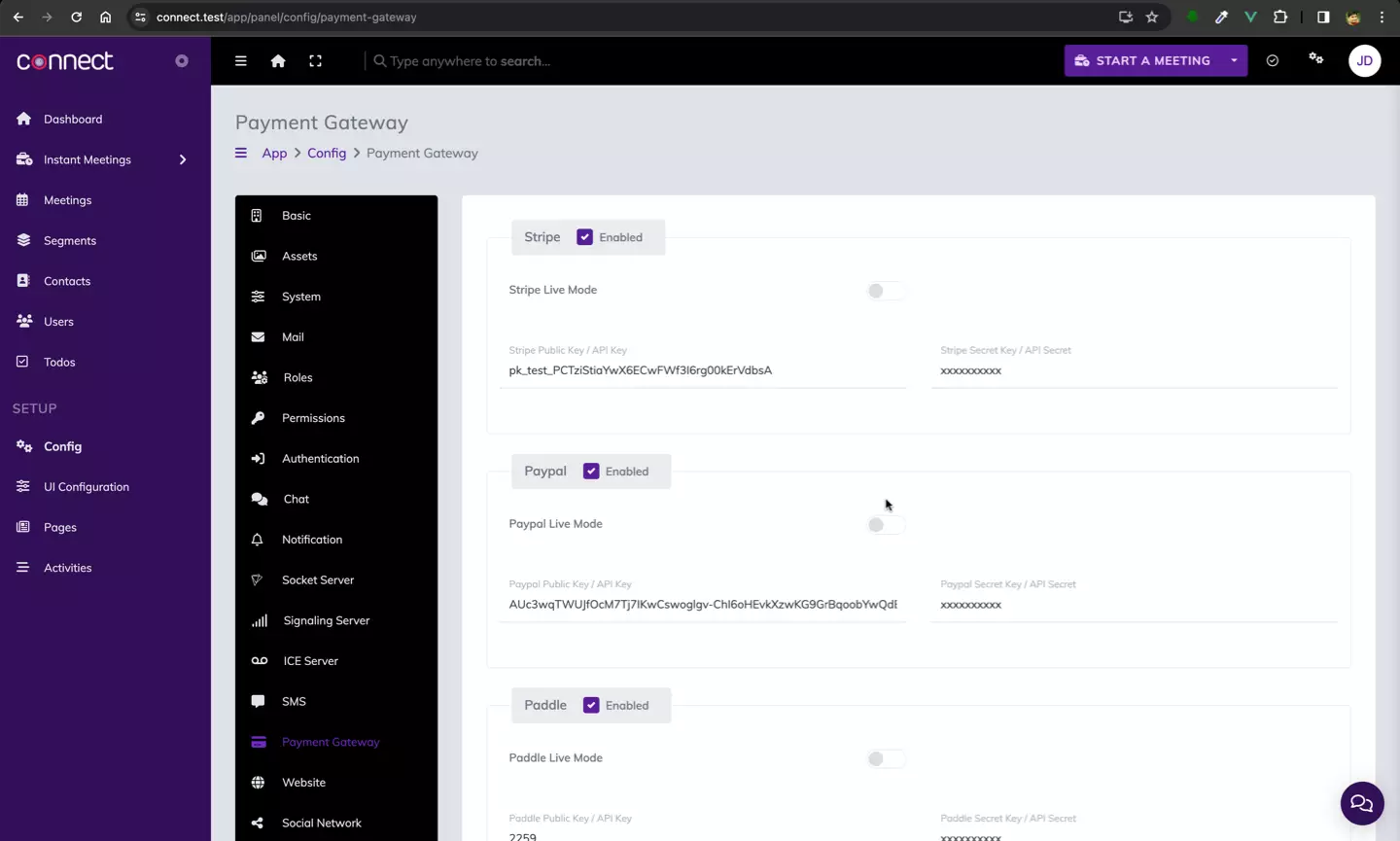 Connect Configuration - Payment Gateway - PayPal, Stripe, Paddle