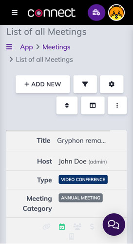 List of Meetings Page - Connect Video Conference, Live Class, Meeting, Webinar, Membership, Whiteboard