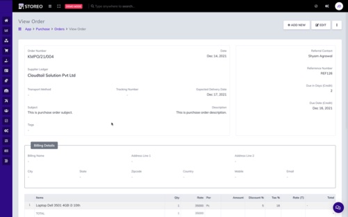 View Order Page - Storeo for Accounting, Billing and Inventory Management